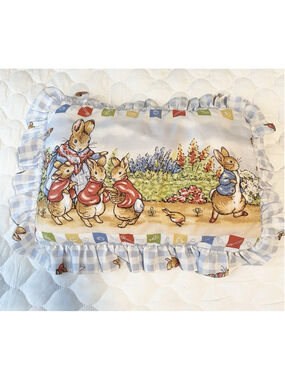 Vintage Peter Rabbit Beatrix Potter Nursery Ruffle Pillow Blue Gingham 14x10